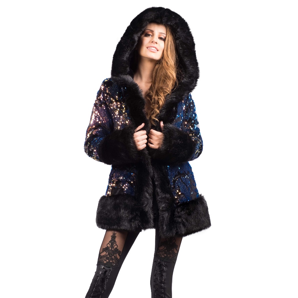 Furrocious Furr Women's Black Fur & Sequin Coat For Festivals, Burning Man